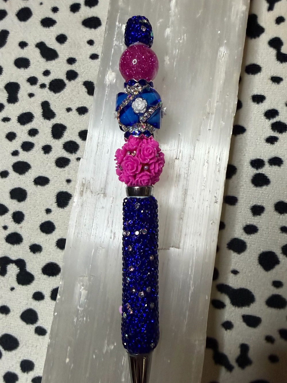 Embellished Bling Pen with Blue Rhinestones & Pink Floral Bead